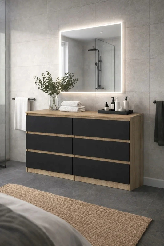 Komoda 120 cm su 6 stalčiais – Sonoma ąžuolas / juoda