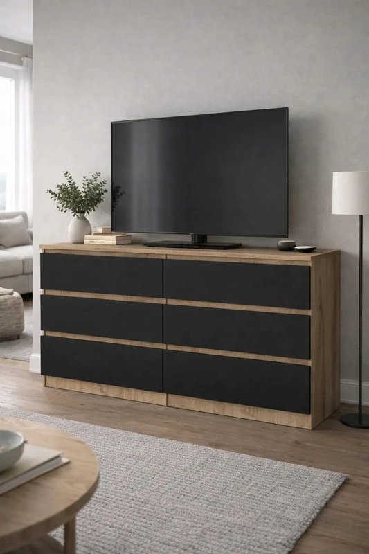 Komoda 120 cm su 6 stalčiais – Sonoma ąžuolas / juoda