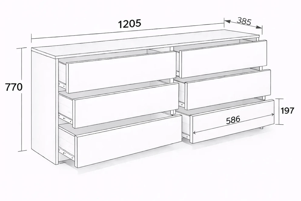 Komoda 120 cm su 6 stalčiais – Sonoma ąžuolas / juoda