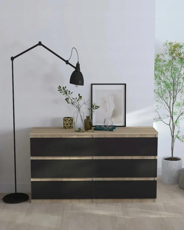 Komoda 120 cm su 6 stalčiais – Sonoma ąžuolas / juoda