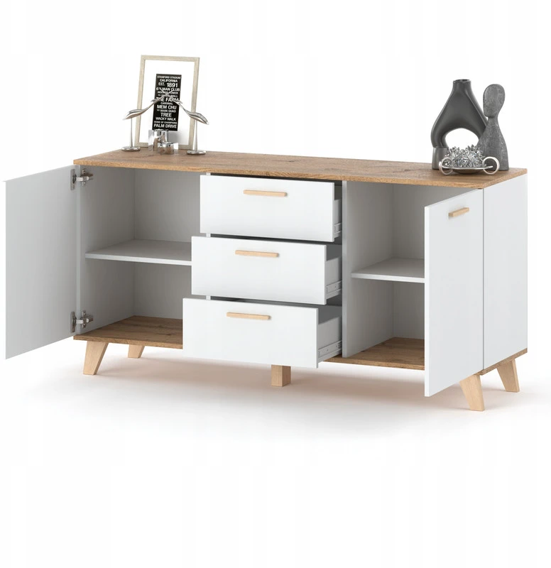 Komoda OSLO 150 cm – balta / Wotan ąžuolas, skandinaviško stiliaus