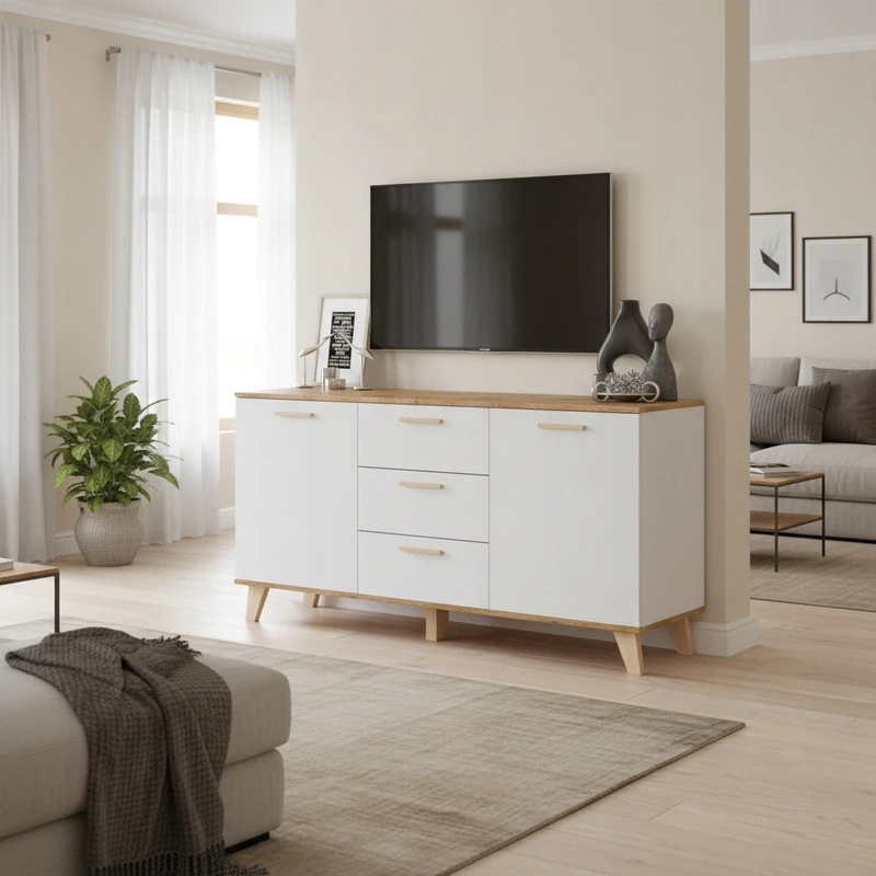Komoda OSLO 150 cm – balta / Wotan ąžuolas, skandinaviško stiliaus