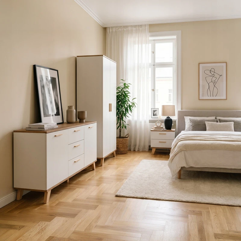 Komoda OSLO 150 cm – balta / Wotan ąžuolas, skandinaviško stiliaus