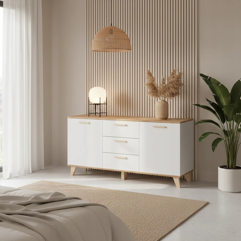 Komoda OSLO 150 cm – balta / Wotan ąžuolas, skandinaviško stiliaus