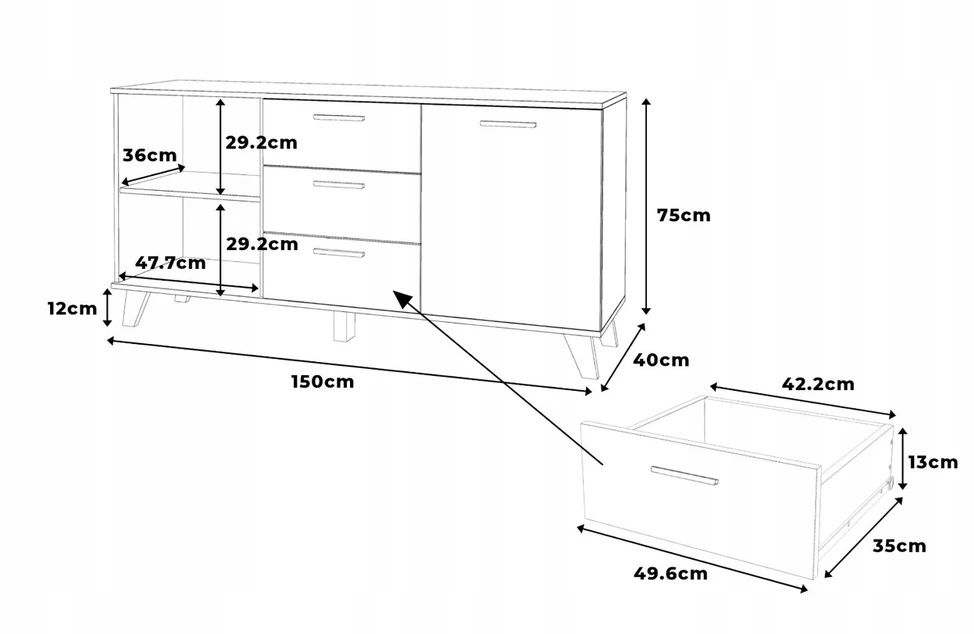 Komoda OSLO 150 cm – balta / Wotan ąžuolas, skandinaviško stiliaus