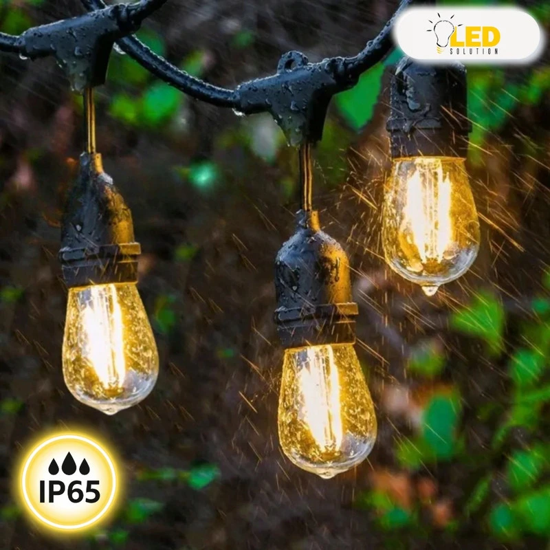 Lauko LED girlianda 20 m, 20 E27 LED lempučių, IP44, storas juodas kabelis, šiltai balta