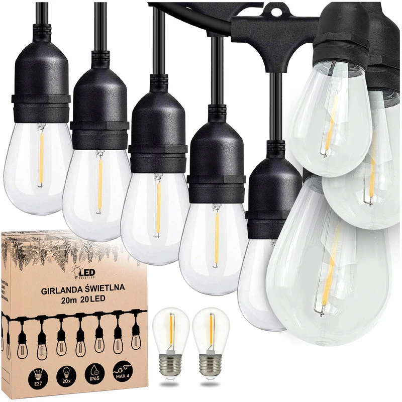 Lauko LED girlianda 20 m, 20 E27 LED lempučių, IP44, storas juodas kabelis, šiltai balta