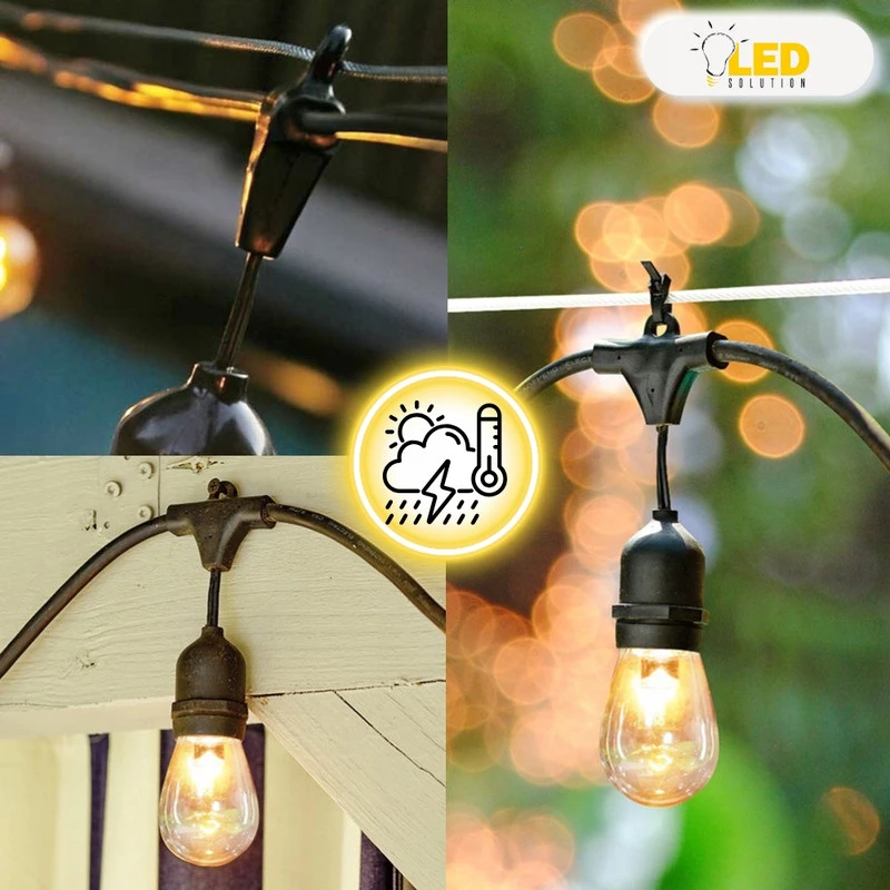 Lauko LED girlianda 20 m, 20 E27 LED lempučių, IP44, storas juodas kabelis, šiltai balta