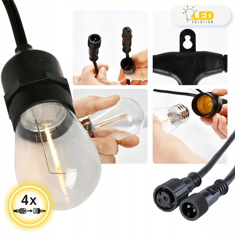 Lauko LED girlianda 20 m, 20 E27 LED lempučių, IP44, storas juodas kabelis, šiltai balta