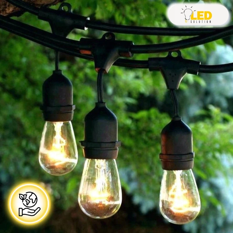 Lauko LED girlianda 20 m, 20 E27 LED lempučių, IP44, storas juodas kabelis, šiltai balta