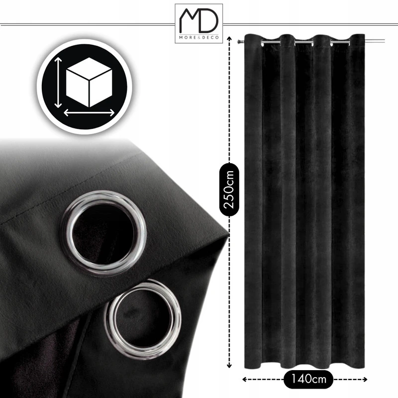 Moredeco Aksominė užuolaida Velvet 140 × 250 cm – juoda/smėlio/grafito/mėlyna/žalia spalva, blackout, su žiedais 1 vnt.