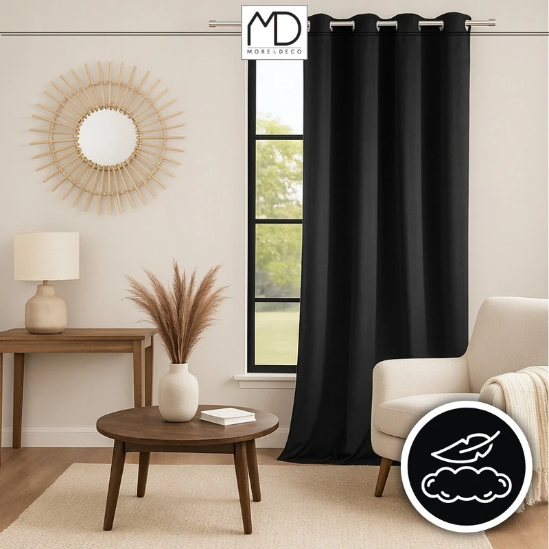 Moredeco Aksominė užuolaida Velvet 140 × 250 cm – juoda/smėlio/grafito/mėlyna/žalia spalva, blackout, su žiedais 1 vnt.