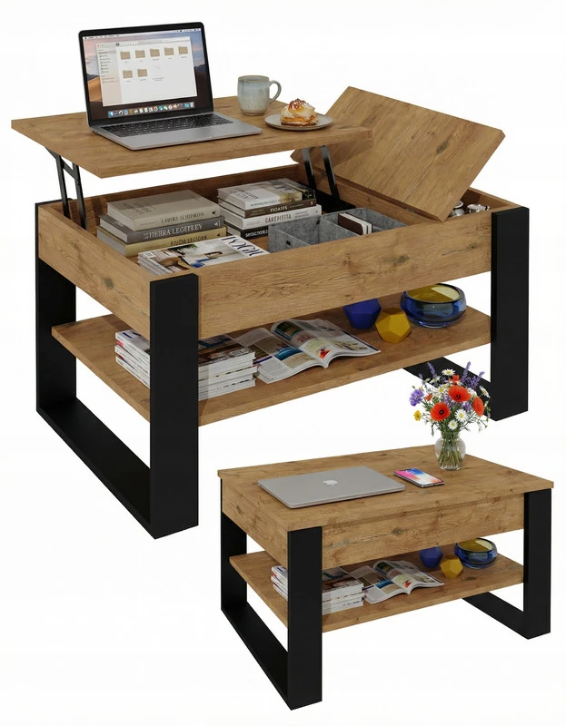 Pakeliamas kavos staliukas T-BOX, Lancelot ąžuolo / juodos spalvos, 92 x 54,2 x 45–63 cm