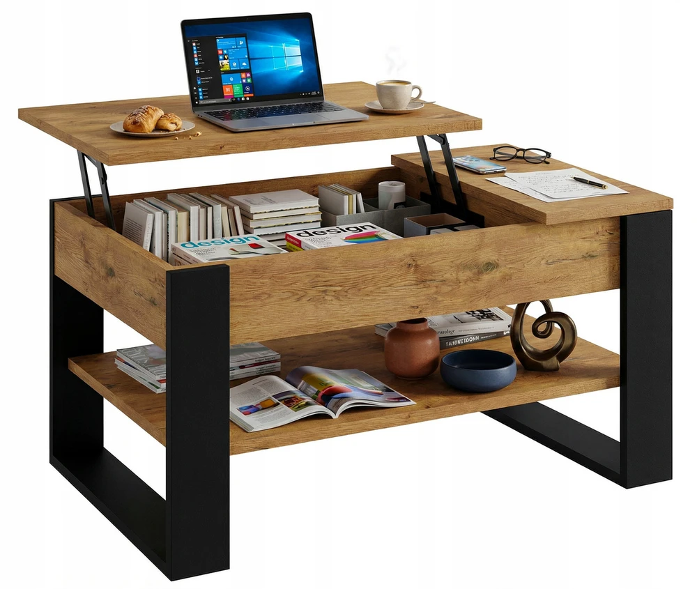 Pakeliamas kavos staliukas T-BOX, Lancelot ąžuolo / juodos spalvos, 92 x 54,2 x 45–63 cm