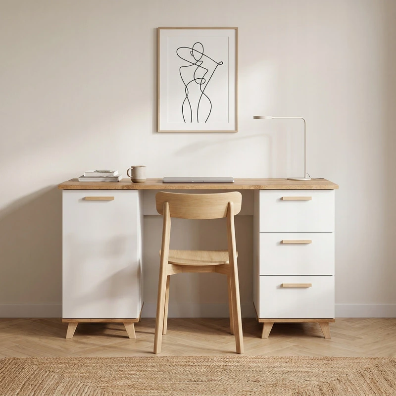 Rašomasis stalas Oslo 138 x 50 x 75 cm, baltas, 3 stalčiai, 1 durelės, skandinaviško stiliaus