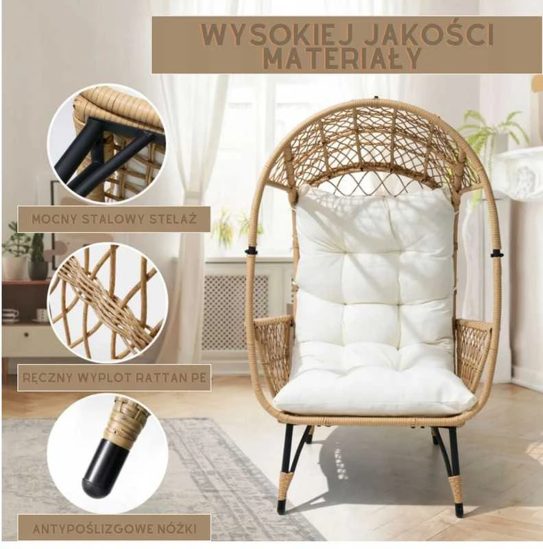Sodo fotelis KOKONAS iš technoratano su pagalvėmis boho stilius balkono ir terasos kėdė