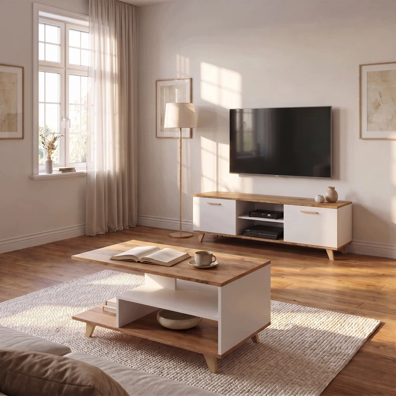 TV staliukas Skandinaviško stiliaus kavos staliukas su lentynėle 92 × 50 × 48 cm, baltas / ąžuolas Wotan
