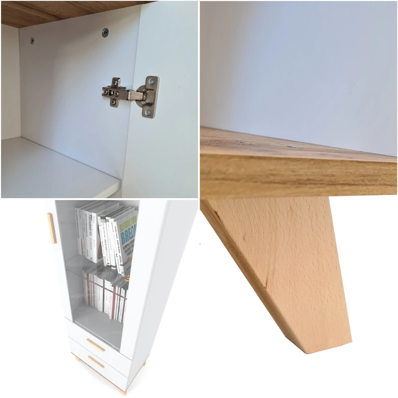 Vitrina Oslo 175 x 40 x 40 cm, balta, 2 stalčiai, stiklinės durelės, skandinaviško stiliaus