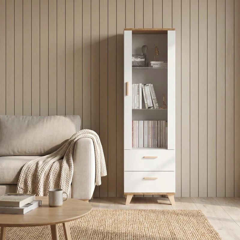 Vitrina Oslo 175 x 40 x 40 cm, balta, 2 stalčiai, stiklinės durelės, skandinaviško stiliaus