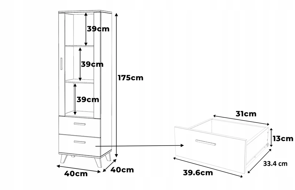 Vitrina Oslo 175 x 40 x 40 cm, balta, 2 stalčiai, stiklinės durelės, skandinaviško stiliaus