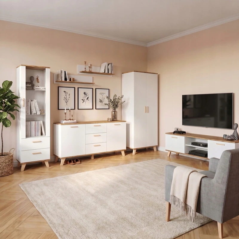 Vitrina Oslo 175 x 40 x 40 cm, balta, 2 stalčiai, stiklinės durelės, skandinaviško stiliaus