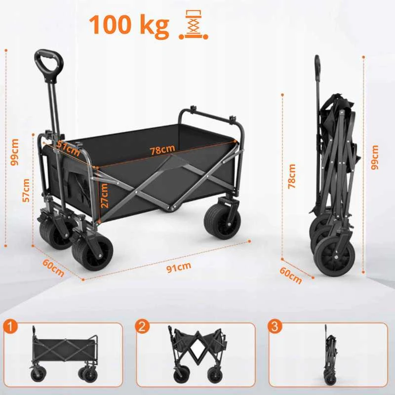 Vežimėlis Wozinsky WZP-100 pliažas, turistinis, sodo, patvarūs, platūs ratai, su apsauginis tinklelis iki 100 kg - juoda