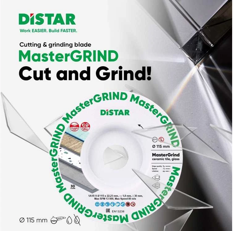 Distar 115 mm MasterGRIND deimantinis diskas stiklo, akmens masės, porcelianinių plytelių pjovimui ir šlifavimui