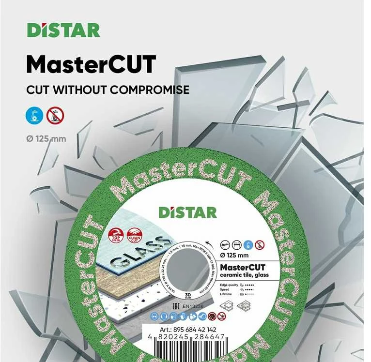 Distar 125mm MasterCUT deimantinis diskas stiklo, akmens masės, porcelianinių plytelių pjovimui