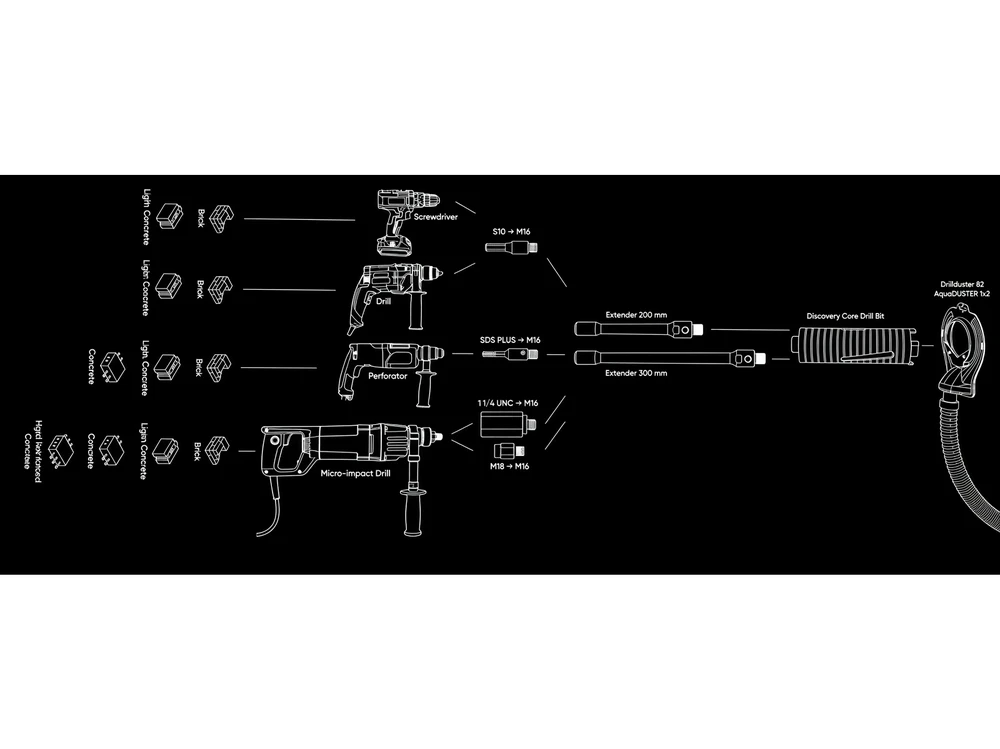 Distar Discovery M16 x 150 mm ilgio gręžimo karūnos betonui 32 - 162 mm x 150 mm, Karūnos skersmuo, mm: 52 mm