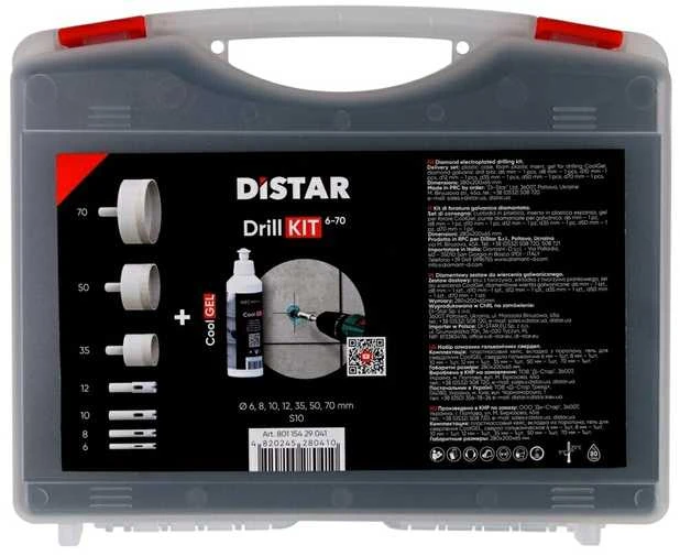 Distar DrillKIT 7vnt. 6-70mm karūnėlių + CoolGEL komplektas dėžutėje šlapiam plytelių gręžimui