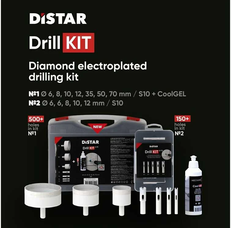 Distar DrillKIT 7vnt. 6-70mm karūnėlių + CoolGEL komplektas dėžutėje šlapiam plytelių gręžimui