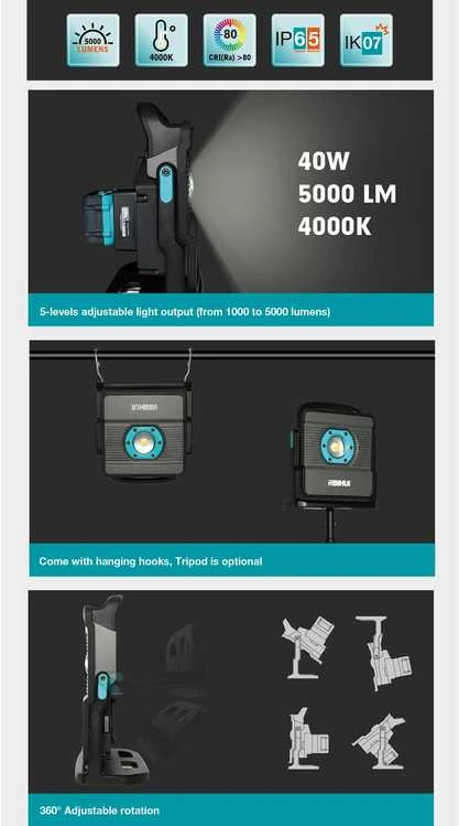 LED darbo lempa 5000 Lumen, akumuliatorinė nešiojama, Bihui BPLT40 su adapteriu BPLT-ADP4 tinka Bihui, Makita, Bosch, HIkoki, Panasonic (be akumuliatoriaus)