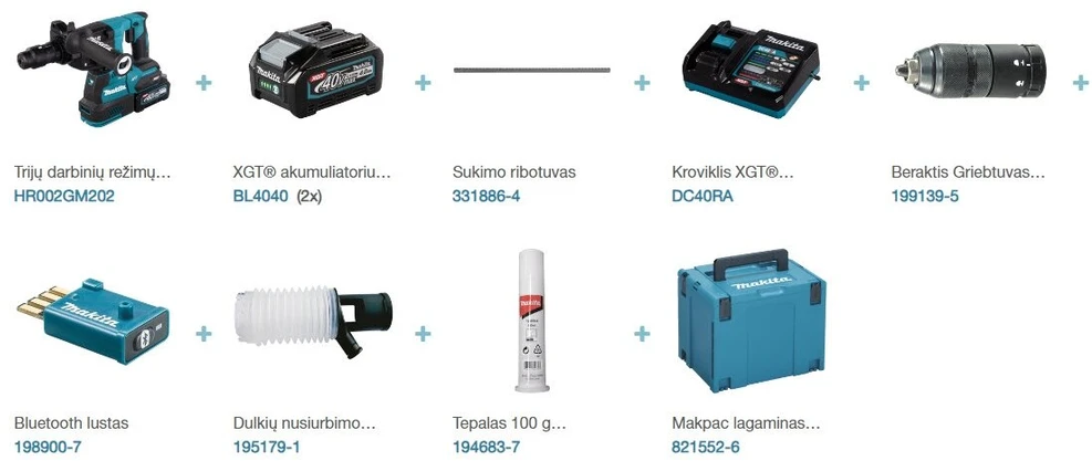 Makita HR002GM202 Perforatorius XGT, 2,9 J, 28mm; 4,1kg, bešepetėlinis variklis, greitojo keitimo griebtuvas, 2X4,0Ah, greitasis kroviklis; AFT; AWS su AWS lustu); AVT; Soft no load; XPT; MAKPAC lagaminas