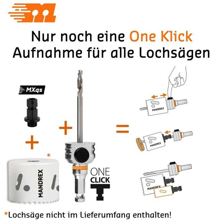 Mandrex One-Click Starter komplektas, 8.5 mm HEX, trumpas centr. grąžtas HSS+, 5 x jungtys 14-210mm karūnėlėms