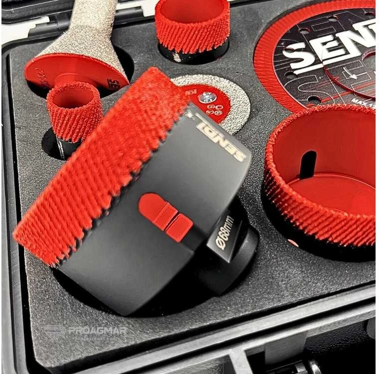 Rinkinys plytelių gręžimui SENDI Extreme 20/25/35/40/55/68 mm + deimantinis diskas Ø125 mm + freza 20-50 mm + adapteris M14