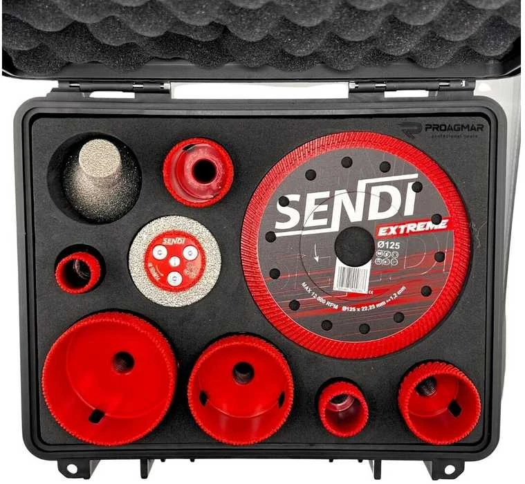 Rinkinys plytelių gręžimui SENDI Extreme 20/25/35/40/55/68 mm + deimantinis diskas Ø125 mm + freza 20-50 mm + adapteris M14