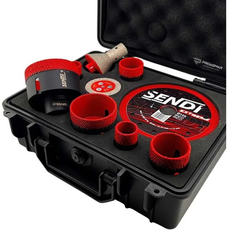 Rinkinys plytelių gręžimui SENDI Extreme 20/25/35/40/55/68 mm + deimantinis diskas Ø125 mm + freza 20-50 mm + adapteris M14