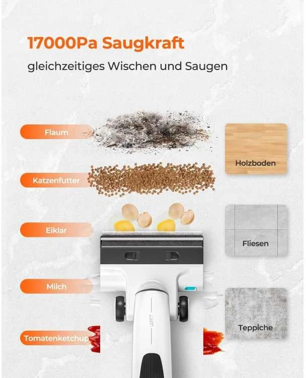 UWANT D100 17000Pa vertikalus dulkių siurblys su šluostymo funkcija ir įkrovimo stotele - baltos spalvos