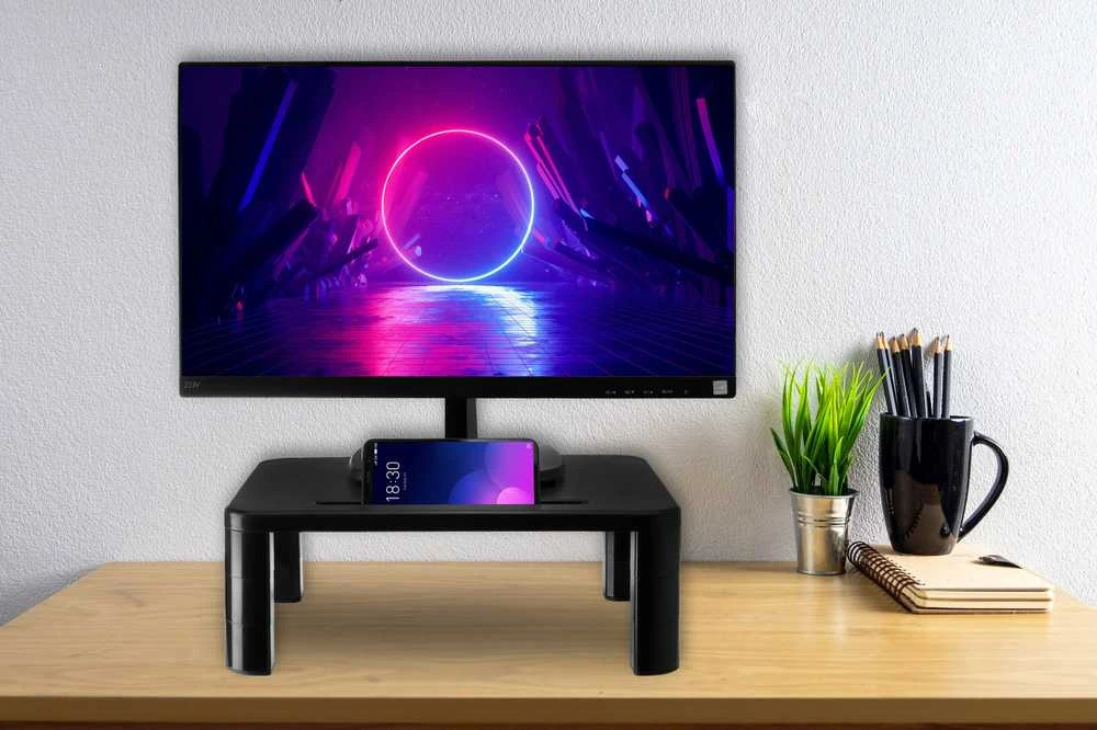 3 pakopų nešiojamojo kompiuterio monitoriaus stovas, juodas