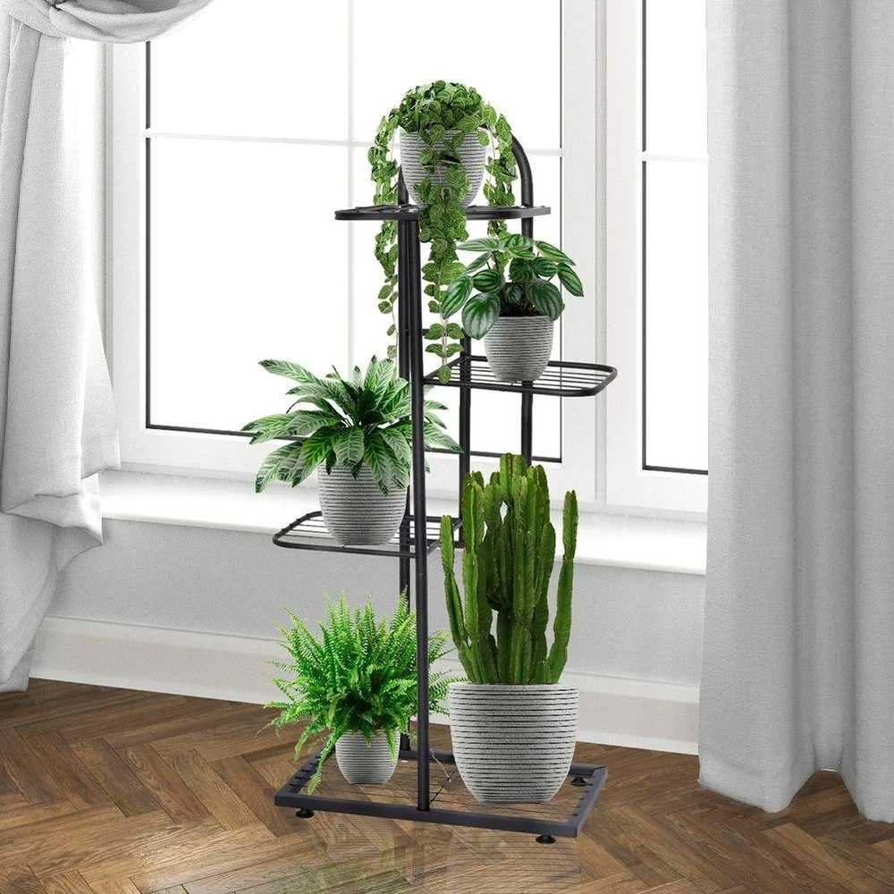 4 pakopų stovas gėlių vazonams, juodas metalas, 92 cm