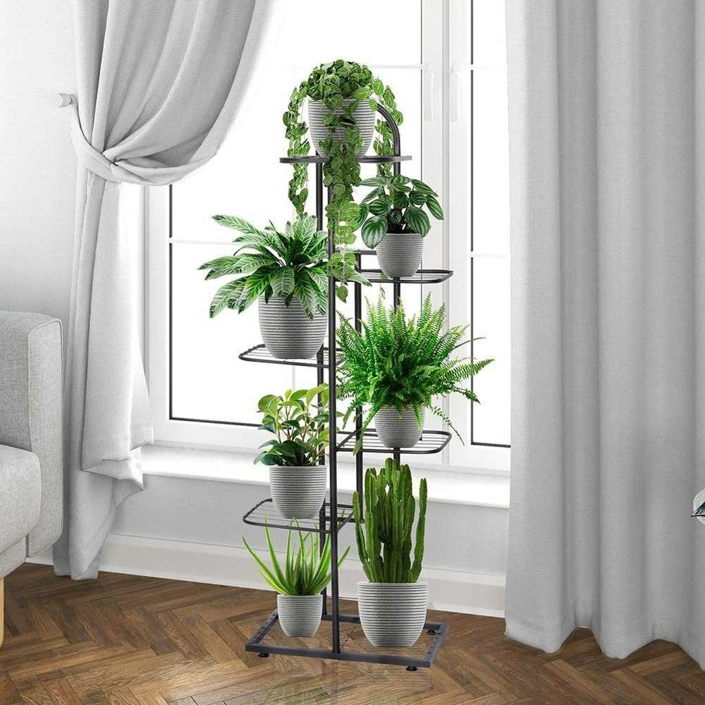 6 pakopų stovas gėlių vazonams, juodas metalas, 118 cm