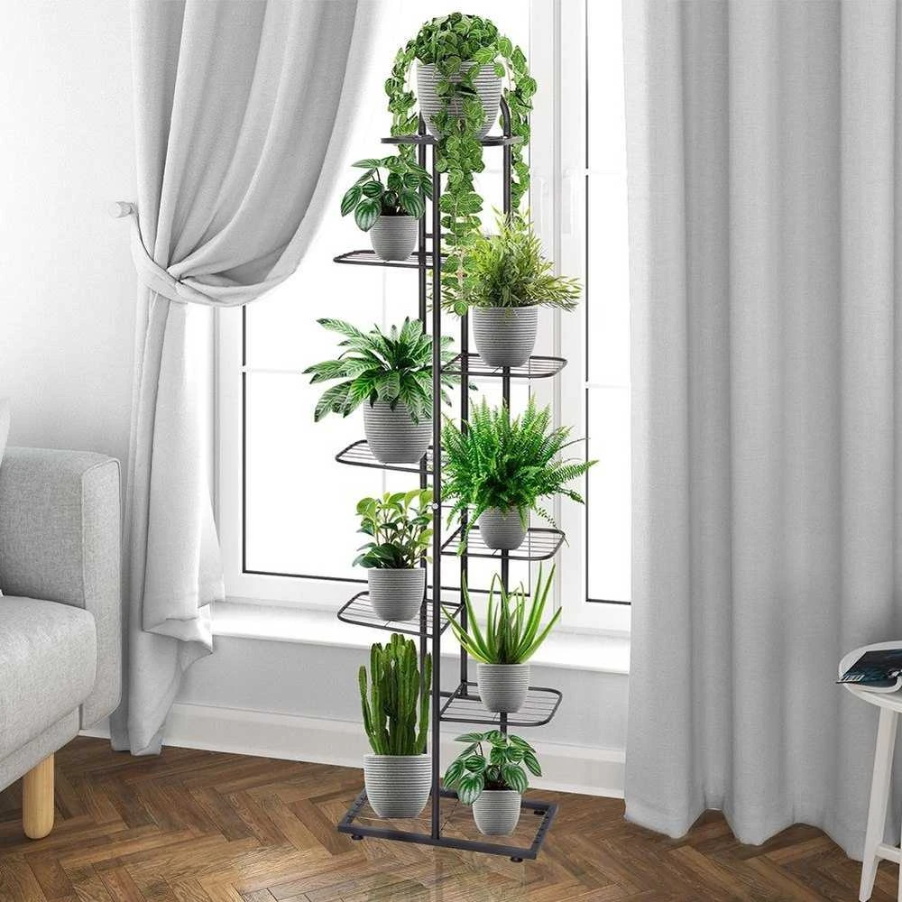 8 pakopų metalinis gėlių stovas vazonams, juodas, 153 cm