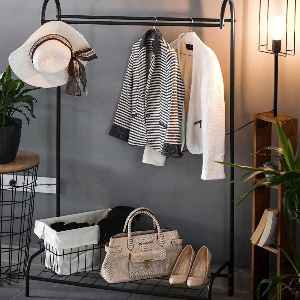 Ant grindų statoma drabužių kabykla, metalinė, juoda / spinta 85x35x147 cm