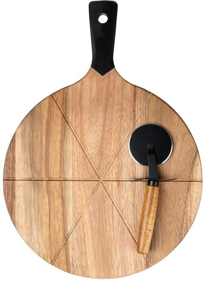 Apvali medinė picos lenta su peiliu 30 cm, 2 vnt.