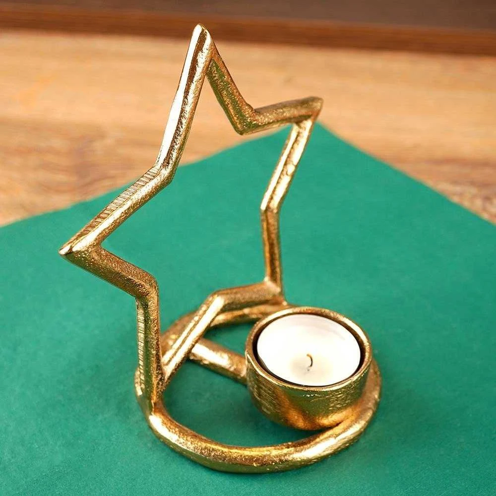 Arbatinės žvakių laikiklis, aliuminis, auksas, žvaigždė, 15,5 cm