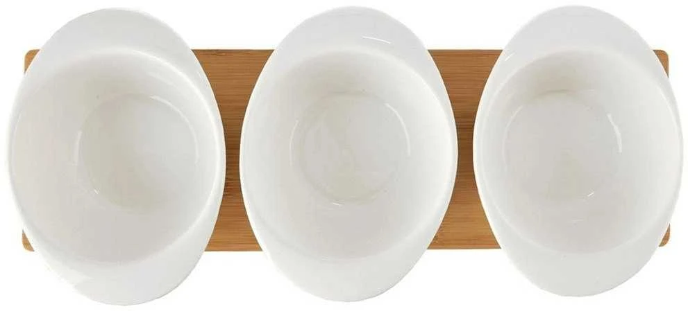 Baltos porcelianinės užkandžių dubenys su šaukštais ant WHITELINE padėklo, 32 cm, 7 vnt.