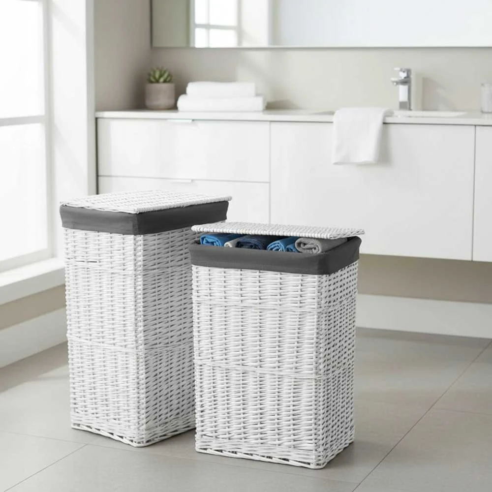 Baltų ir pilkų pintų krepšelių rinkinys 72 l ir 114 l