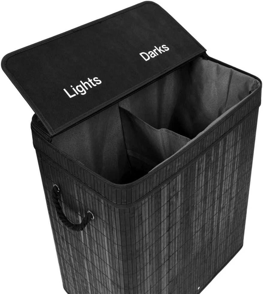 Bambukinis skalbinių krepšelis su dangteliu, 100L, juodas