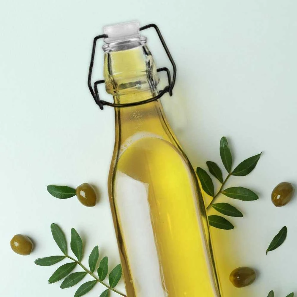 Apvalus stiklinis butelis su segtuku ir kamščiu alyvuogių aliejui, alkoholio sirupui, 0,29 l