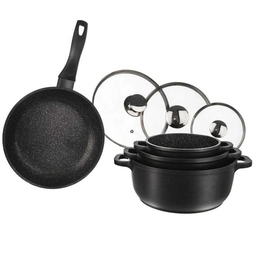 GRANDE puodų rinkinys, granitiniai puodai, 3x puodai + dangčiai + keptuvė
